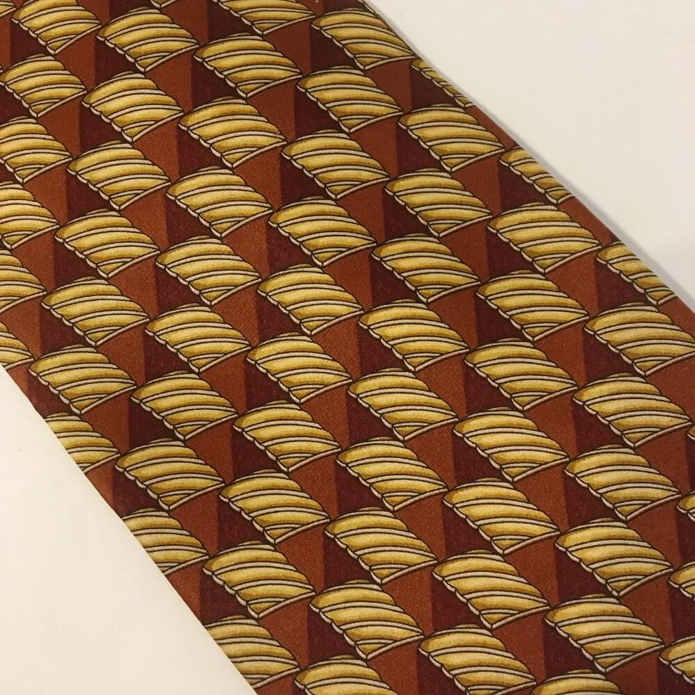 Valentino Cravatte Neck Tie 100% Silk Rust Brown Gold Handmade Geometric Pattern